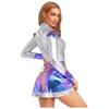 Womens Alien Astronaut Cosplay Dress Long Sleeve Flap Contrast Color Metallic Shiny A-line Space Warrior Dress