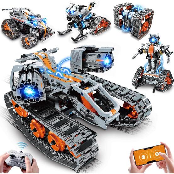 5-in-1 Building Toys with LED Light, APP & Remote Controll Building Block Set, 604 PCS RC Tech Rechargeable Tank Robot Sleigh Tracked Racer Toy, Gift