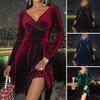Осенне-зимнее женское бархатное платье с v-образным вырезом и длинным рукавом, рождественское платье, вечернее платье трапециевидной формы с высокой талией