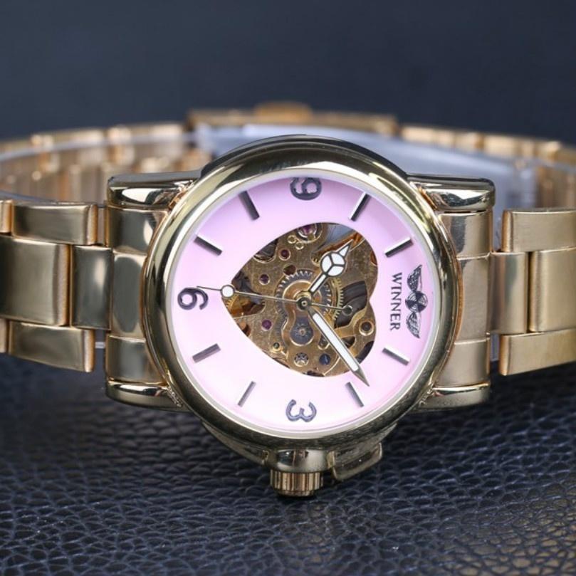 WINNER New Women Luxury Top Brand Automatic Mechanical Watch Golden Skeleton Love Stainless Steel Fashion Ladies Wrist Watch