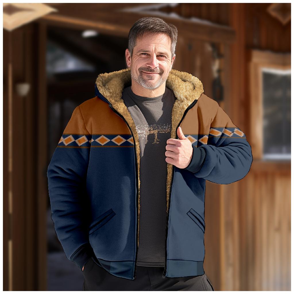 Men's Winter Print Jacket Men's Casual Trend Zipper Hooded Jacket