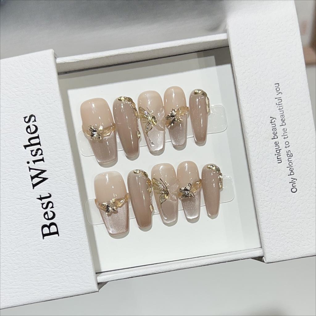 Selected New Styles of Wearing Armor Handmade Autumn and Winter Nail Art Temperament Nude Color Cat Eye French Golden Butterfly Diamond Nails