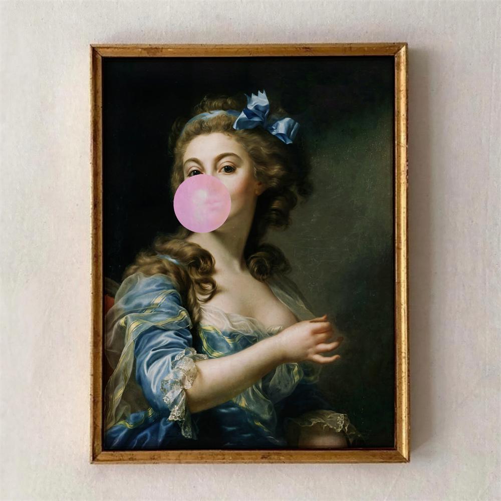 Funny Altered Art Portrait Poster Dark Academia Rococo Print Vintage Pastel Portrait Canvas Painting Bubblegum Baroque Art Print