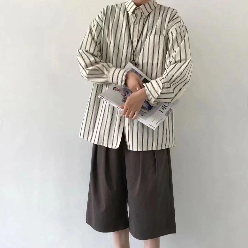 Мужская рубашка с длинным рукавом в японском стиле в ретро-полоску - свободный топ в весеннем гонконгском стиле