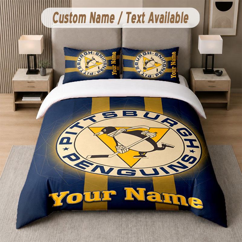Custom Bedding Set Pittsburgh Penguins Pattern, Print Name Text 1 Duvet Cover plus 2 Pillowcases Home Textile
