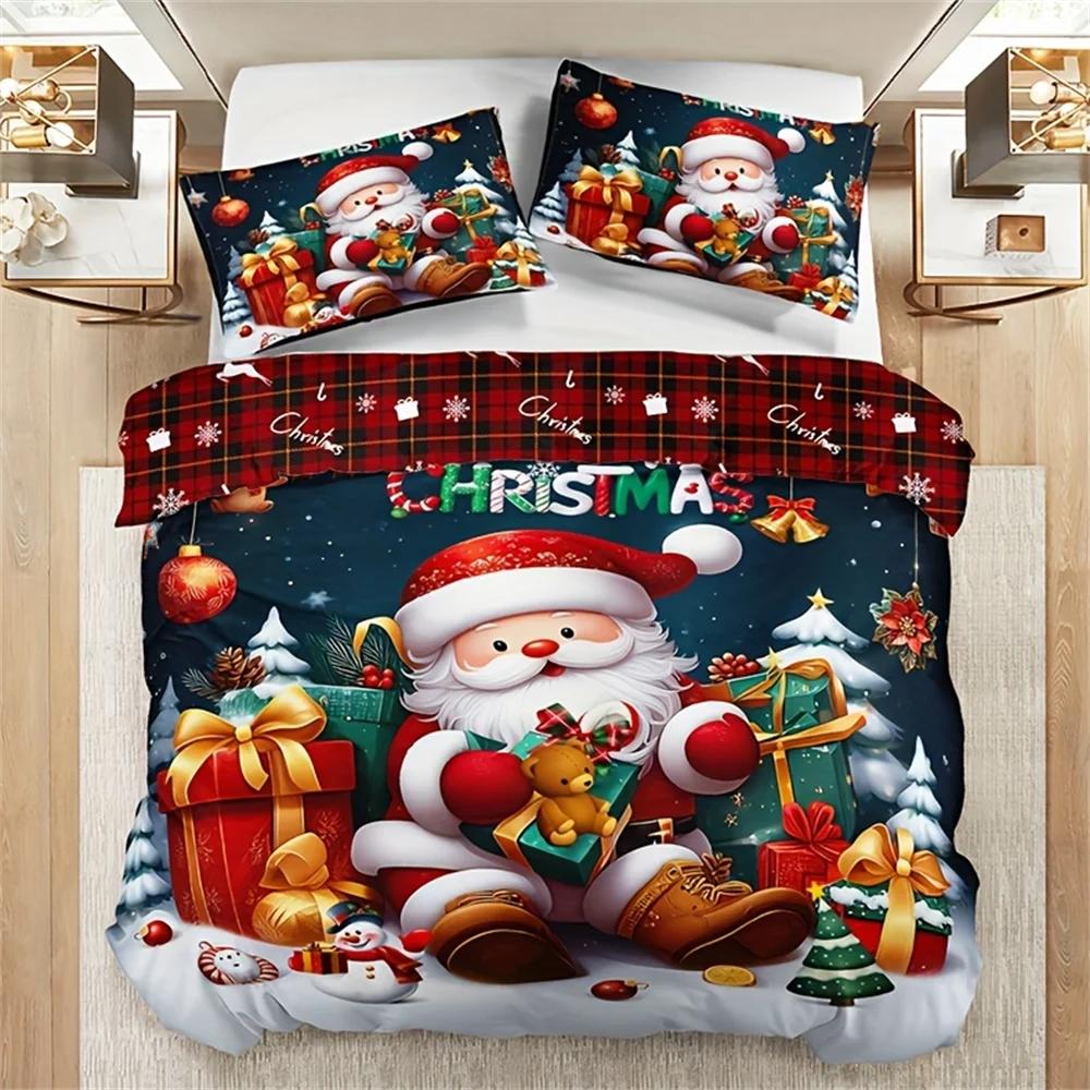 3pcs Christmas Bedding Set - Santa & Snowman Print Duvet Cover and Pillowcases, Breathable Polyester, Machine Washable - Perfect