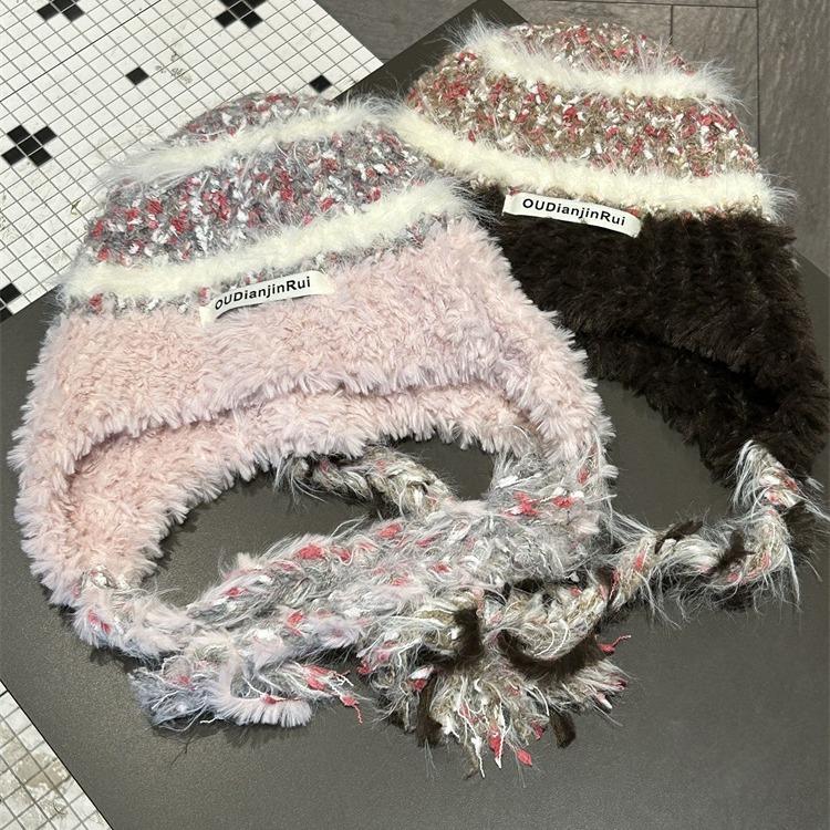 Striped contrasting color knitted plush hat women's autumn and winter fashion versatile warm ear protection Lei Feng hat cold lace-up wool hat