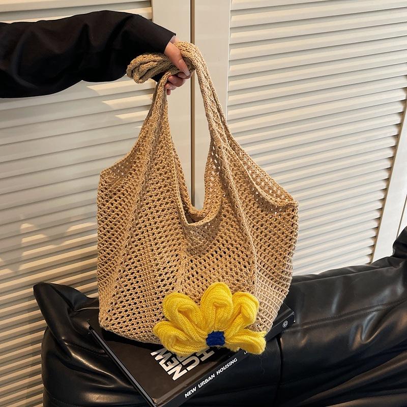 Модная универсальная сумка-тоут из соломы с цветочным принтом большой вместимости для женщин, новинка 2025 года, пляжная плетеная сумка на плечо для отпуска