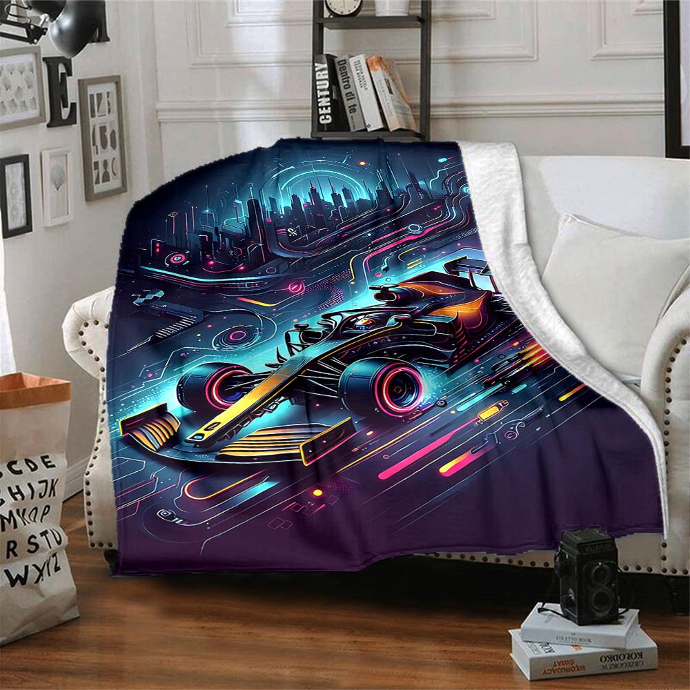 1pc Futuristic Racing Print Blanket Lightweight Flannel Throw Blanket For Sofa, Bed, Living Room, Office, Outdoor Travel, Camping