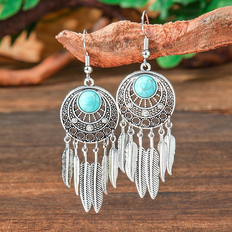 Vintage Tibetan Silver Geometric Turquoises Drop Dangle Earrings Woman Retro Ethnic Blue Beads Boho Jewelry Earrings Wholesale
