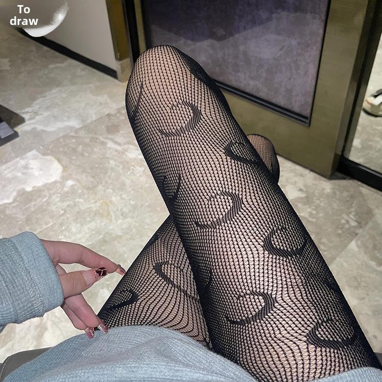Women's Sheer Fishnet Stockings - Polka Dot & Heart Pattern, Sexy Black & White Options, Large Sizes Available for Spring & Autumn
