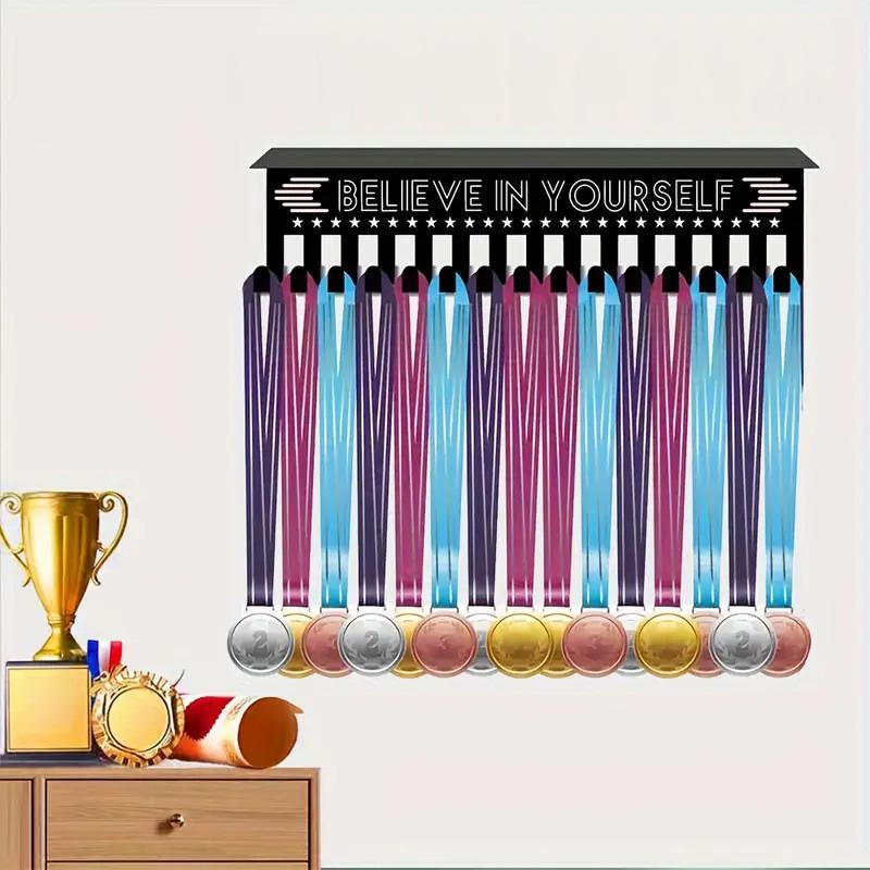 Wall Mounted Medal Display Rack Metal Trophy Shelf Medal Hanger Display With 15 Hooks Medal Holder Sturdy Honor Ribbon Organizer