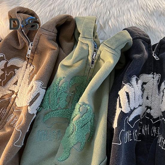 Женская осенне-зимняя куртка на молнии с капюшоном с буквенным узором Свободная толстая с длинным рукавом Теплый роговой декор Карманы Эластичные манжеты Женская куртка средней длины