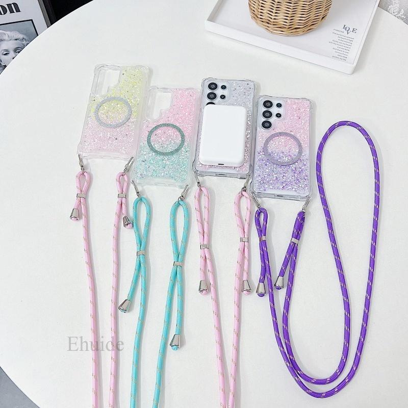 Glitter Case For Samsung Galaxy S25 Ultra S24 FE S23 Plus S22 A56 A36 A16 Magnetic Lanyard Four Corners Shockproof Strap Cover