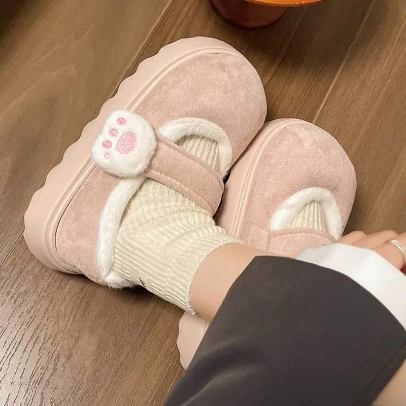 Warm Round Toe Ankle Boots Casual Comfortable Women Flats Cute Cat Paw Cotton Snow Boots Winter Thick Sole Indoor Outdoor Shoes