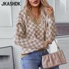 Женская мода повседневная осень-зима клетчатый принт с длинным рукавом и V-образным вырезом свитера