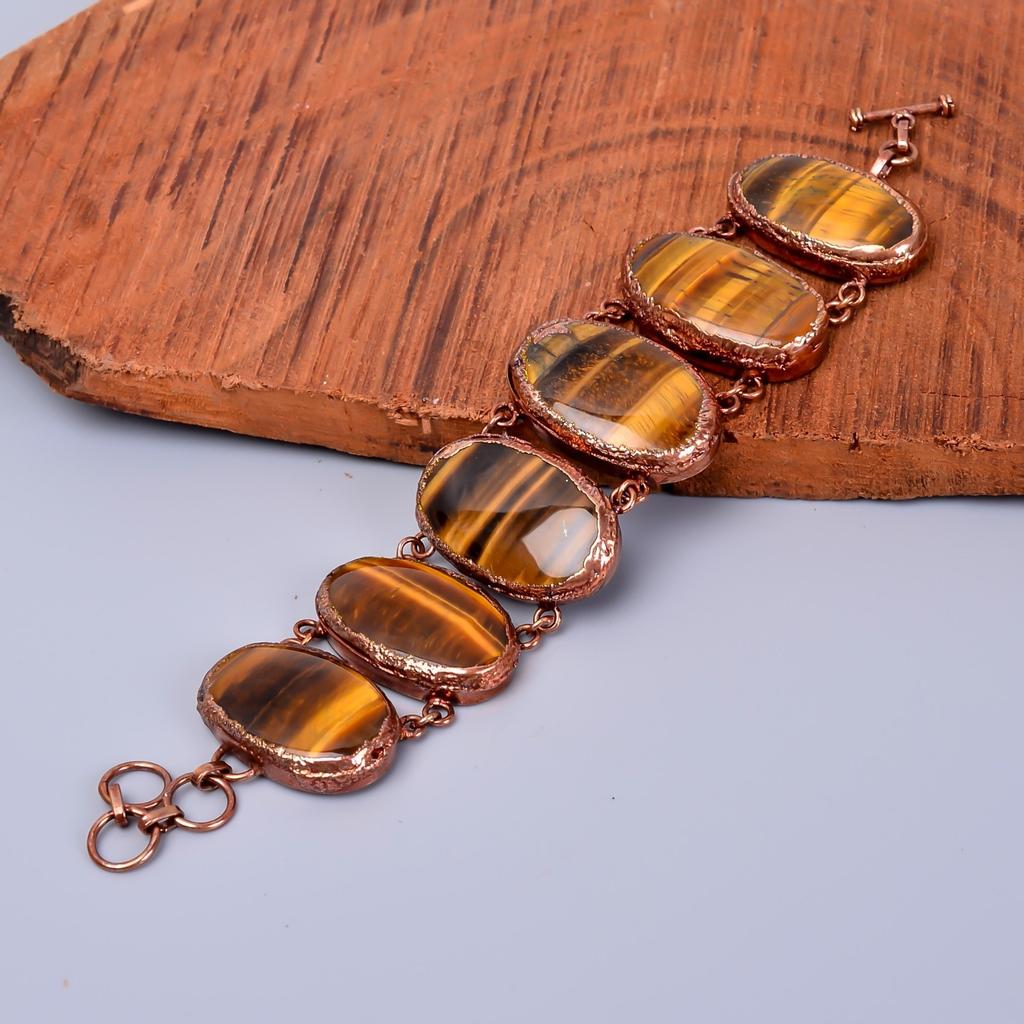 Natural Tiger Eye Copper Electroformed Statement Sacral Chakra Bracelet Jewelry V-75