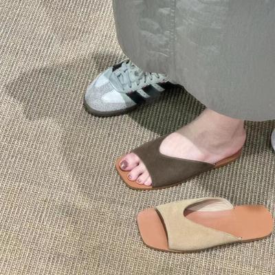 Версия из овчины~ Летние матовые шлепанцы-однословки с V-образным вырезом, женские из натуральной кожи, корейская версия, универсальные крутые шлепанцы, носить как полушлепанцы