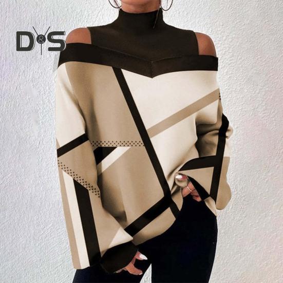 Женские осенне-зимние топы с контрастным цветным принтом, свободная футболка с воротником и открытыми плечами, фонариком и длинными рукавами