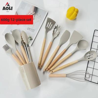 Набор из 12 кухонных принадлежностей из силикона с деревянными ручками - антипригарные, термостойкие лопатки и ложки для супа