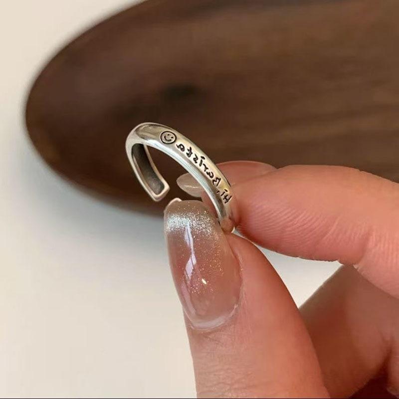 Niche Design Retro Old Square Smiley Face Ring Fashion Personality Ins Letter Plain Ring Open Index Finger Ring