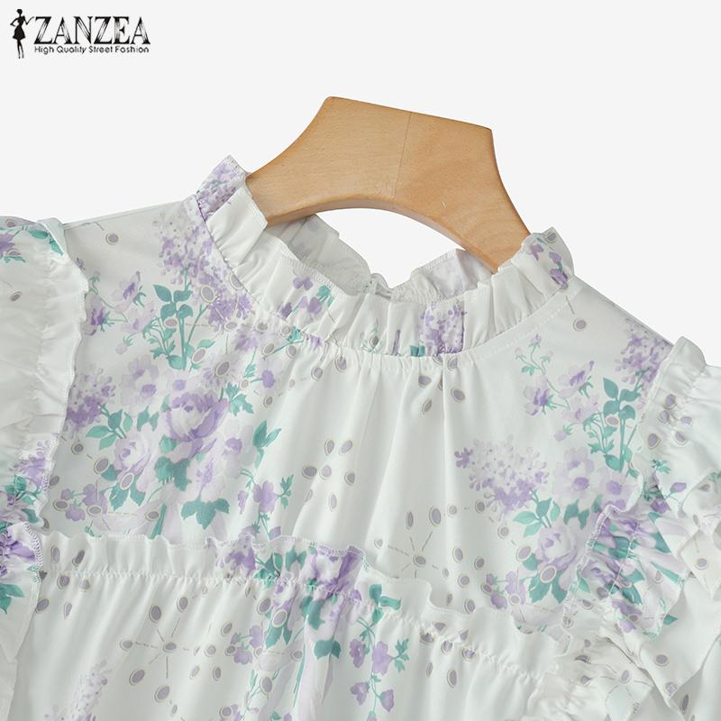 ZANZEA Женская повседневная блузка с воротником-стойкой и длинным рукавом с цветочным принтом