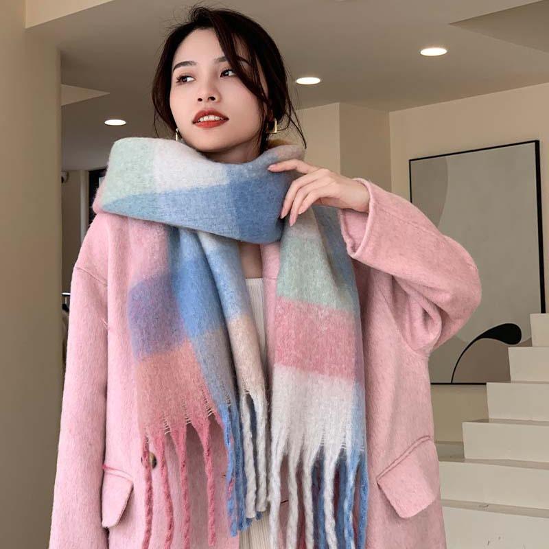 Winter New Scarf Women's Winter Thickened Warm Scarf Colored Plaid Fringed Scarf Shawl Fashionable Outer Cover