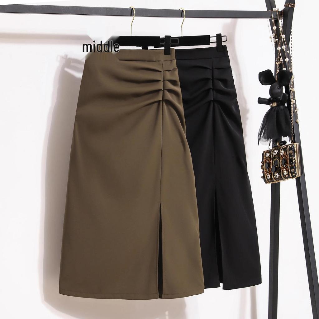 Women's Black High-Waisted Pleated Midi Skirt with Slit - Summer 2024 Collection