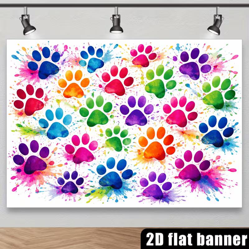 2D Watercolor Rainbow Paw Prints with Paint Splashes Backdrop