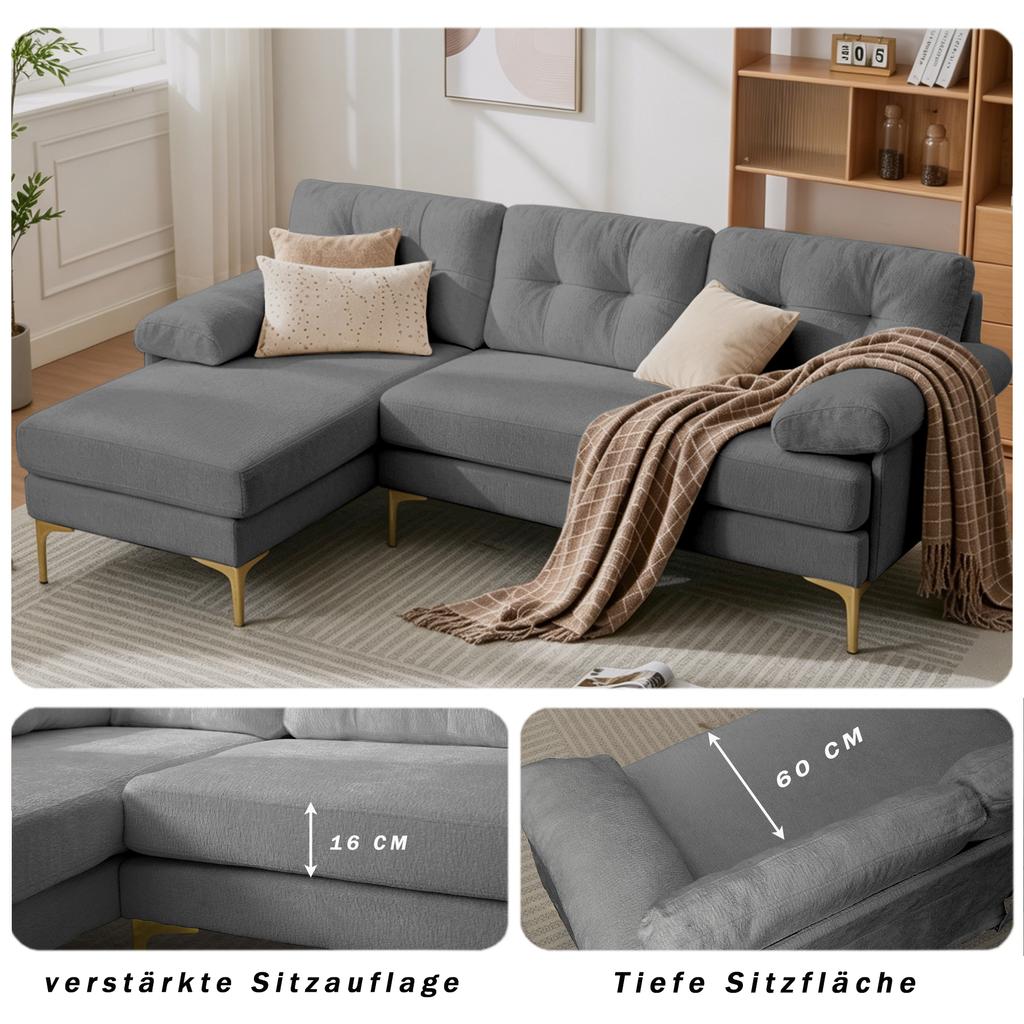 187.5 cm L-Shaped Sofa, with 3 Seat Cushions, Interchangeable Left/Right Chaise Side, Upholstered Armrests, Chenille Fabric, Metal Legs, Grey