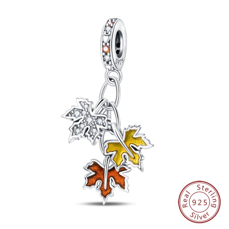 100% 925 Silver Autumn Harvest Series Brown Music Squirrel Scarecrow Pumpkin Maple Leaves Charms Beads DIY Jewelry Gift