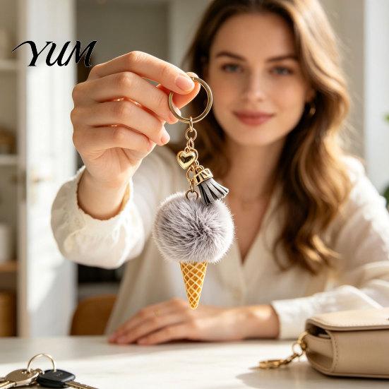 Soft Decorative Charm Plush Ice Cream Keychain for Backpacks, Fluffy Cone Food Shape Keyring Bag Charm, Pendant with Metal Ring