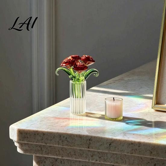 Unique Desktop Ornament for Women Glass Rose Bouquet Handmade Mini Colored Flowers with Durable Preserved Flower Vase Eternal Tabletop Decor,