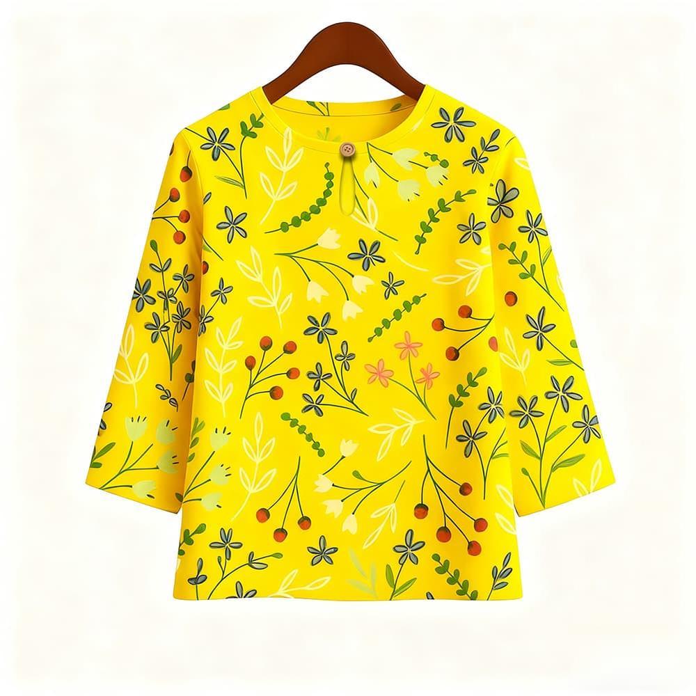 Casual Blouse, Vintage Style, For Women, Floral Print, O Neck, Three Tribal Sleeves, Elegant Loose Top, Made of Elastic Hem
