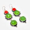 Green Chalcedony, Red Coral Gemstone 925 Silver Plated Earring 2.84"