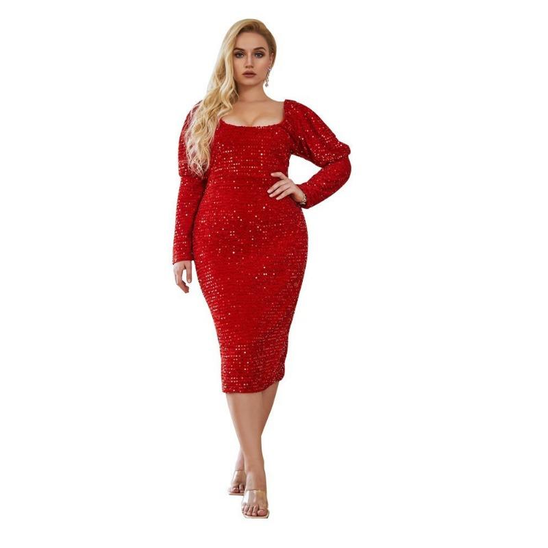 Slimming Women's Fashion Revealing Backpack Hip Dress Long Sleeve Sequin Long Dress