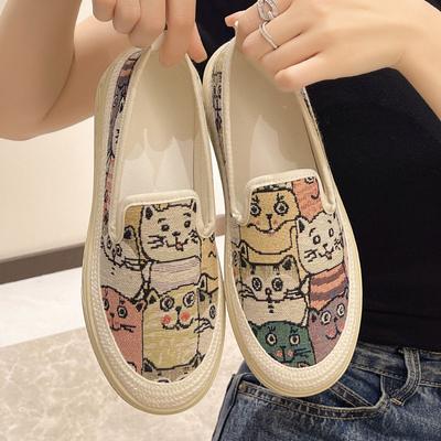 Женские эспадрильи на толстой подошве, повседневная обувь, холщовая обувь с принтом мультяшного кота, модные кроссовки на платформе, лоферы с плоской подошвой