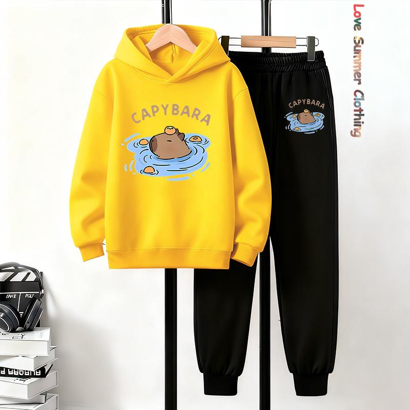2pcs Boys Capybara Hoodie Joggers Set Kids Cozy Outfit Capybara Playwear Machine Washable Sports Active Boys Perfect Outdoor