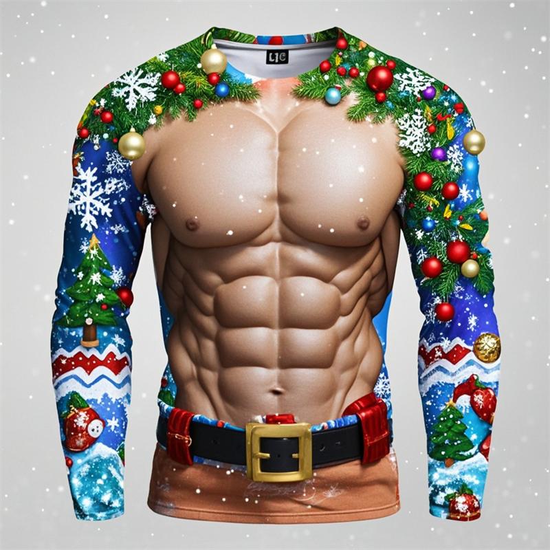 Мускулистые рождественские футболки мужские топы повседневные свободные уличные 3D-принты уродливые рождественские футболки с длинным рукавом спортивная футболка одежда Y2k