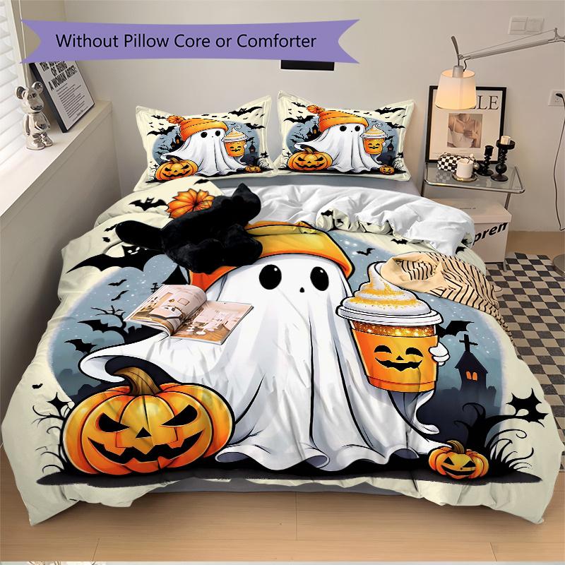 3pcs Halloween Cute Ghost Bedding Set - 1 Soft Quilt Cover + 2 Pillowcases, Machine Washable - Suitable for All Seasons N045