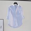 Women's Light Blue Vertical Striped Cotton Shirt, Korean Style, Long-Sleeved with Single Pocket - 2021 Autumn Fashion.