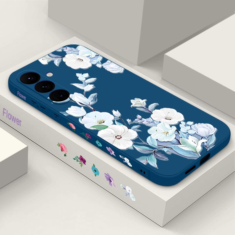 For Samsung S25 Ultra S24 FE S23 A56 A36 A16 A55 Phone Shell Floral Print Matte Lens Protection TPU Lanyard Soft Shockproof Silicone Slim Case Cover