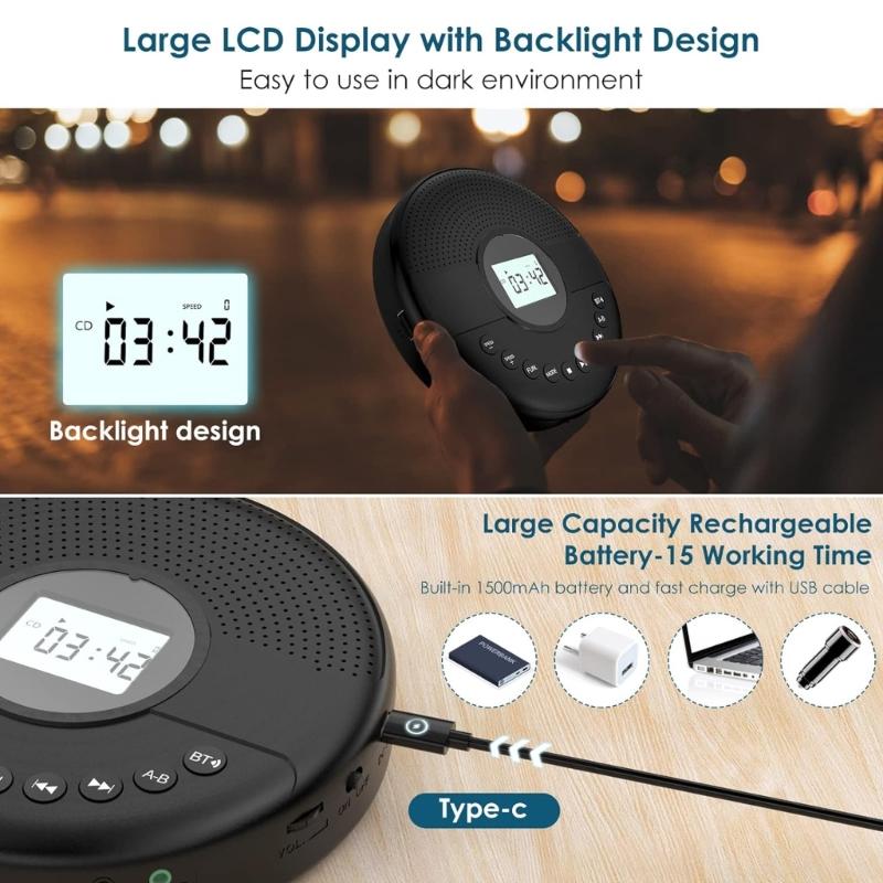 Портативный CD-плеер Discman с двумя динамиками, встроенной перезаряжаемой батареей 1500 мАч, с AUX-кабелем для автомобиля