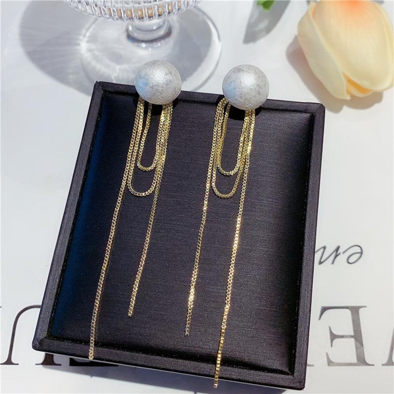 Korean Fashion Imitation Pearl Dangle Earrings Elegant Round Shape Chain Tassel Drop Earrings For Women Bridal Earrings Party Jewelry