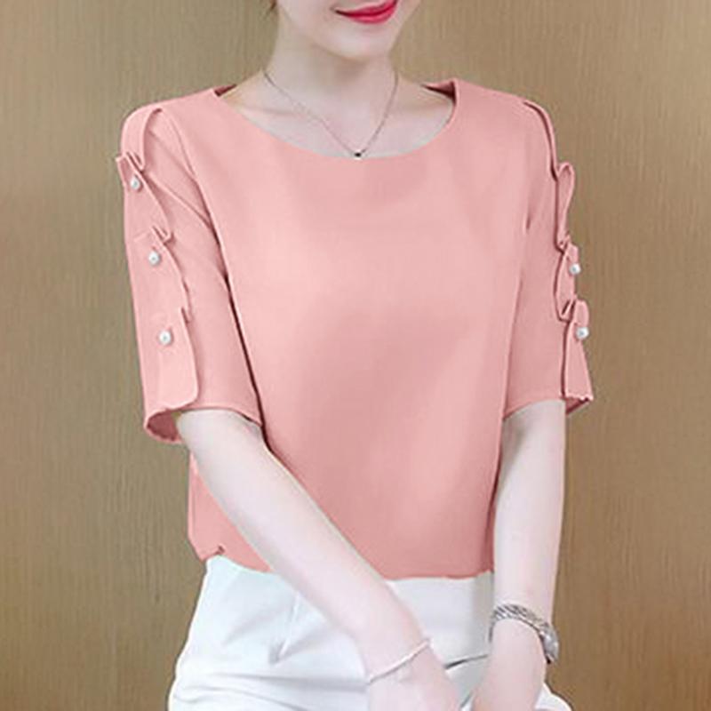 VONDA Женская летняя повседневная однотонная свободная блузка с круглым вырезом и жемчугом в виде листьев лотоса и короткими рукавами