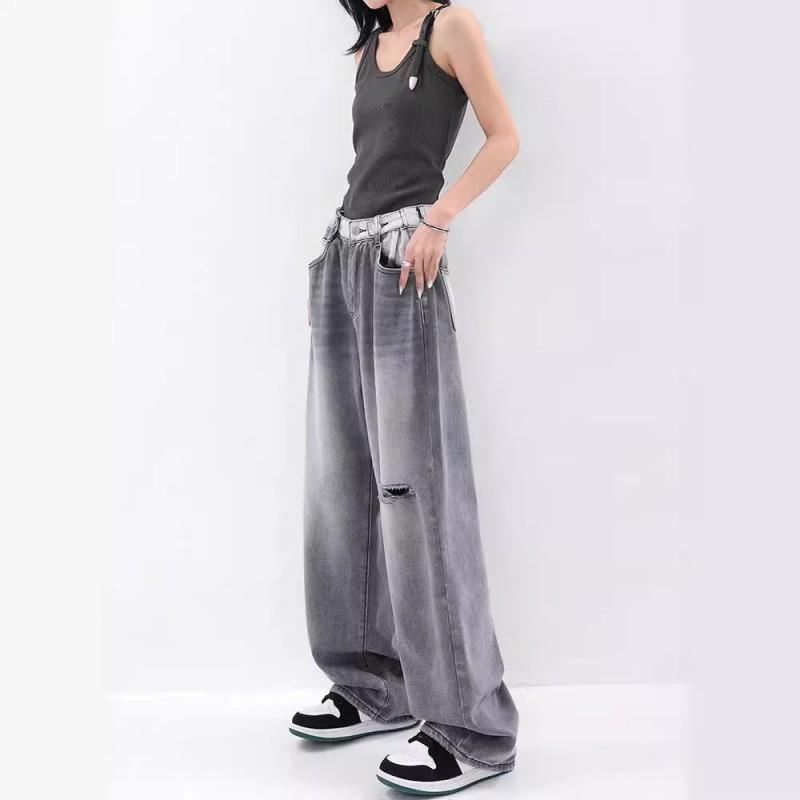 Womens High-Waisted Wide-Leg Distressed Gradient Denim Pants Loose Straight Fit Streetwear Jeans