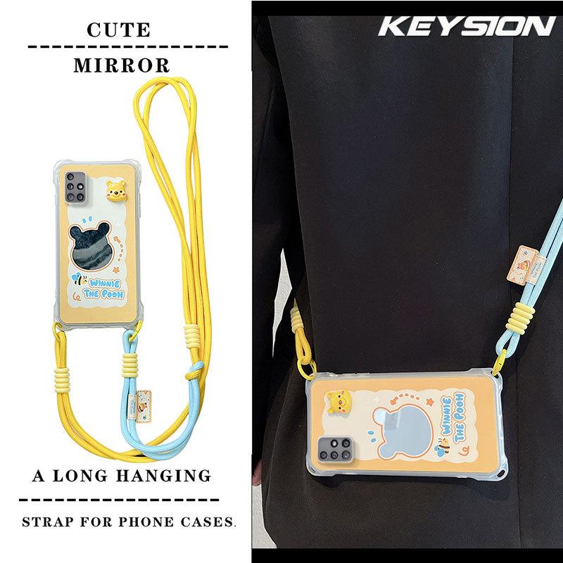 KEYSION Crossbody Strap Phone Case for Samsung A51 4G Cute Cartoon Long Lanyard Mirror Shockproof Cover for Galaxy A51