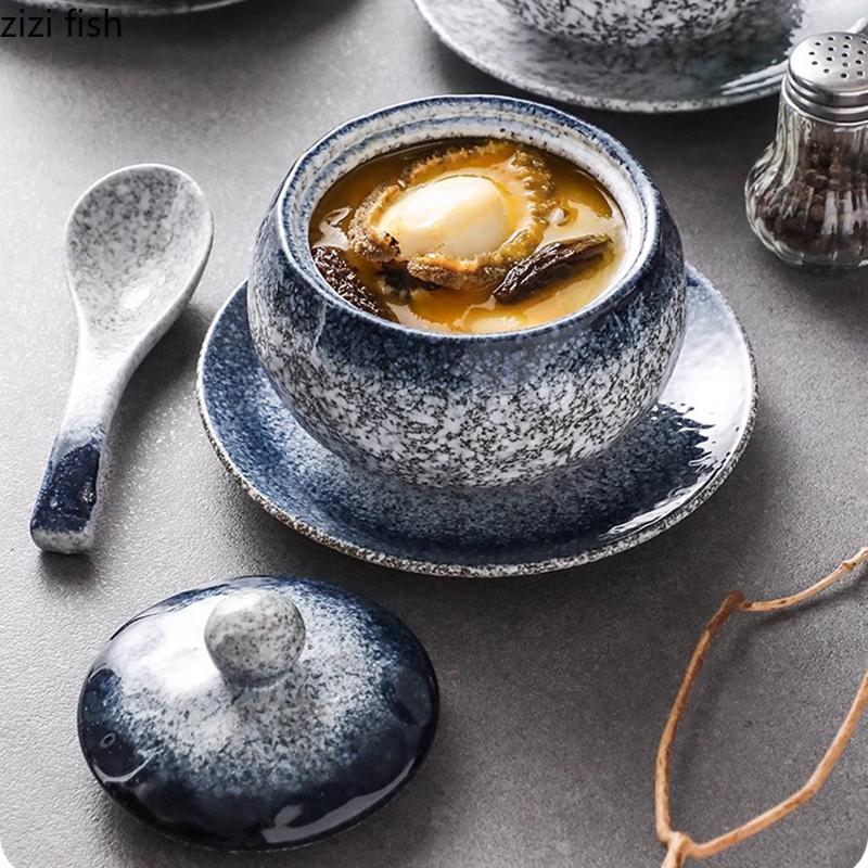 Vintage Creative Ceramic Bowl with Lid Soup Bowl Steamed Egg Bowl Dessert Bowls Breakfast Bowls Restaurant Featured Tableware