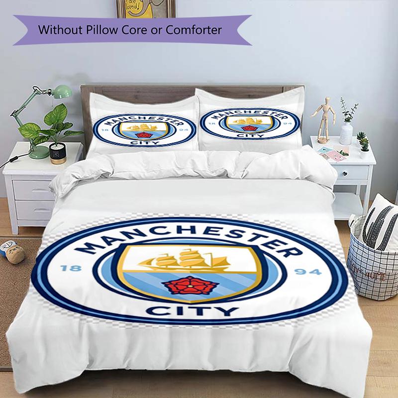 3pcs Duvet Cover Set (1*Duvet Cover + 2*Pillowcase, Without Core),Manchester City FC Print Bedding Set, Bedroom Decor, All‑Season, Birthday Gift