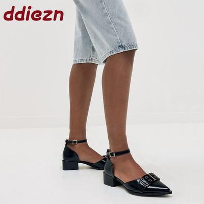 Мода Мода Туфли-лодочки с ремешком на щиколотке Женские туфли на среднем каблуке Женская обувь с мелким вырезом Острый носок Женские туфли на квадратном каблуке 4 см